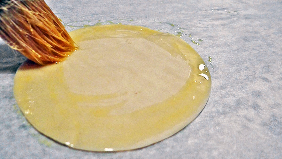 A brush on a white surface, surrounded by Asian style potstickers.
