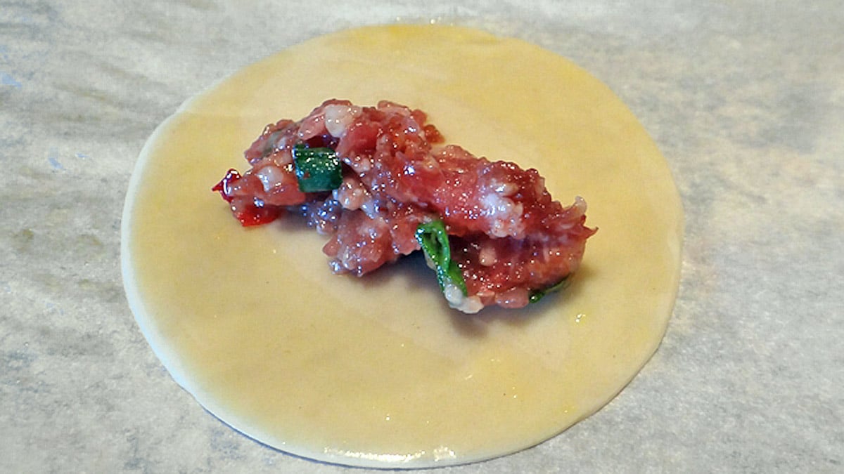 An Asian-style potsticker with filling in the center of the wonton wrapper.