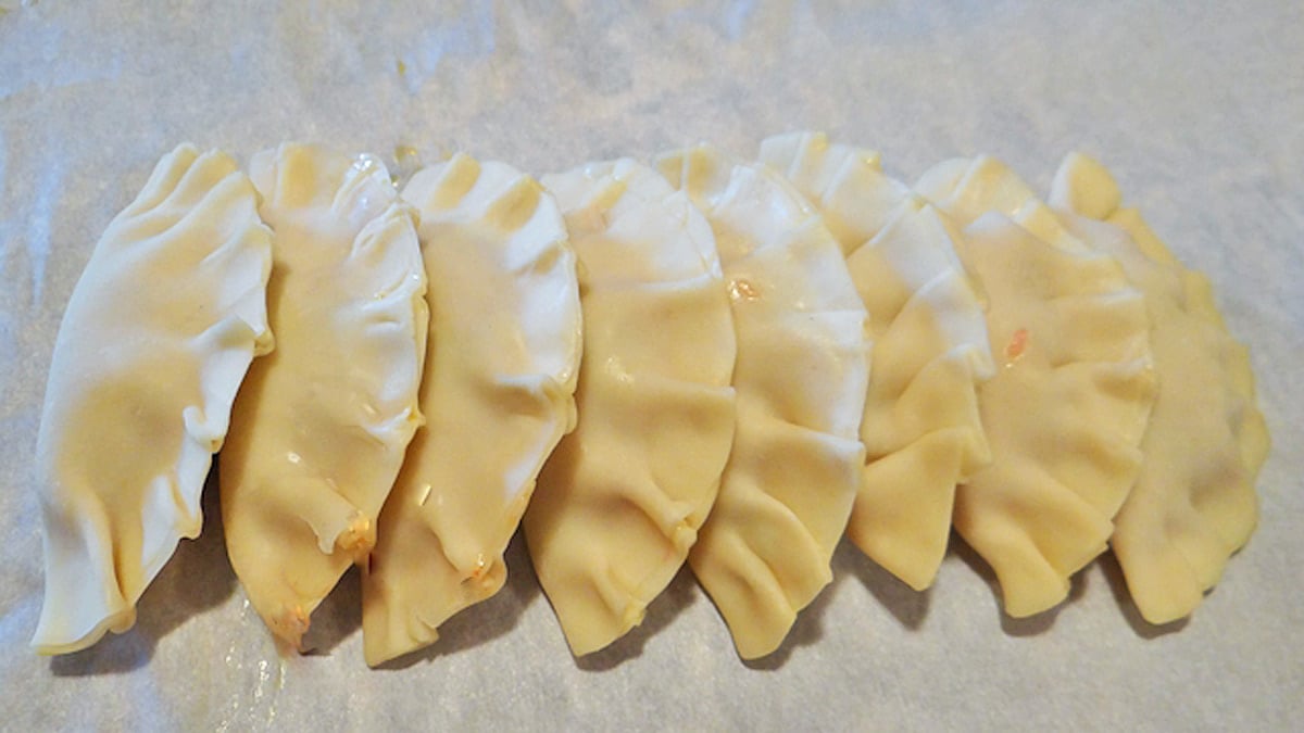 Asian Style Potstickers lined up in a row.