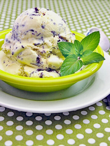 Small green bowl of chocolate chip mint ice cream.