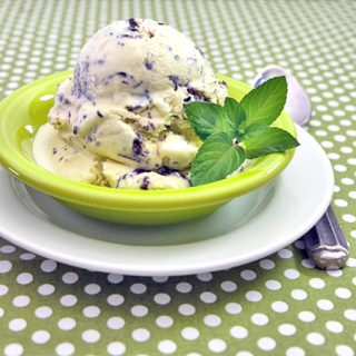 Green bowl with mint chocolate chip ice cream and mint garnish.