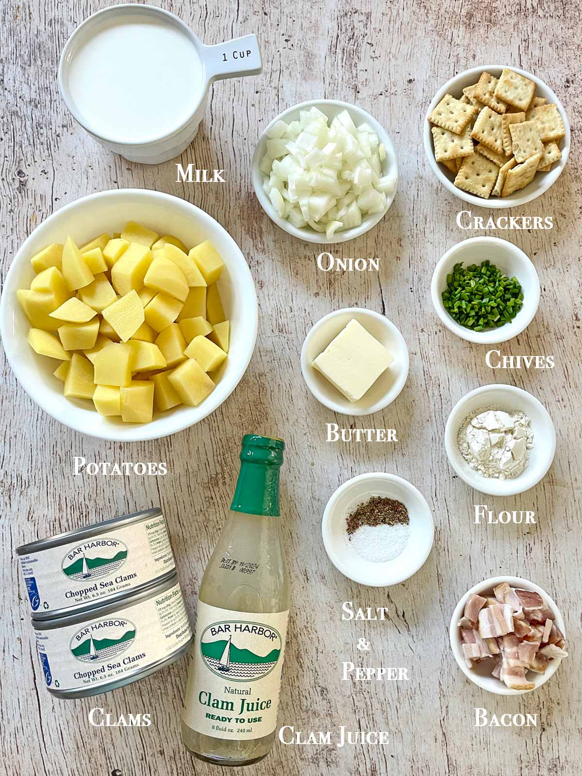 All the ingredients for Bar Harbor Clam Chowder Copycat.