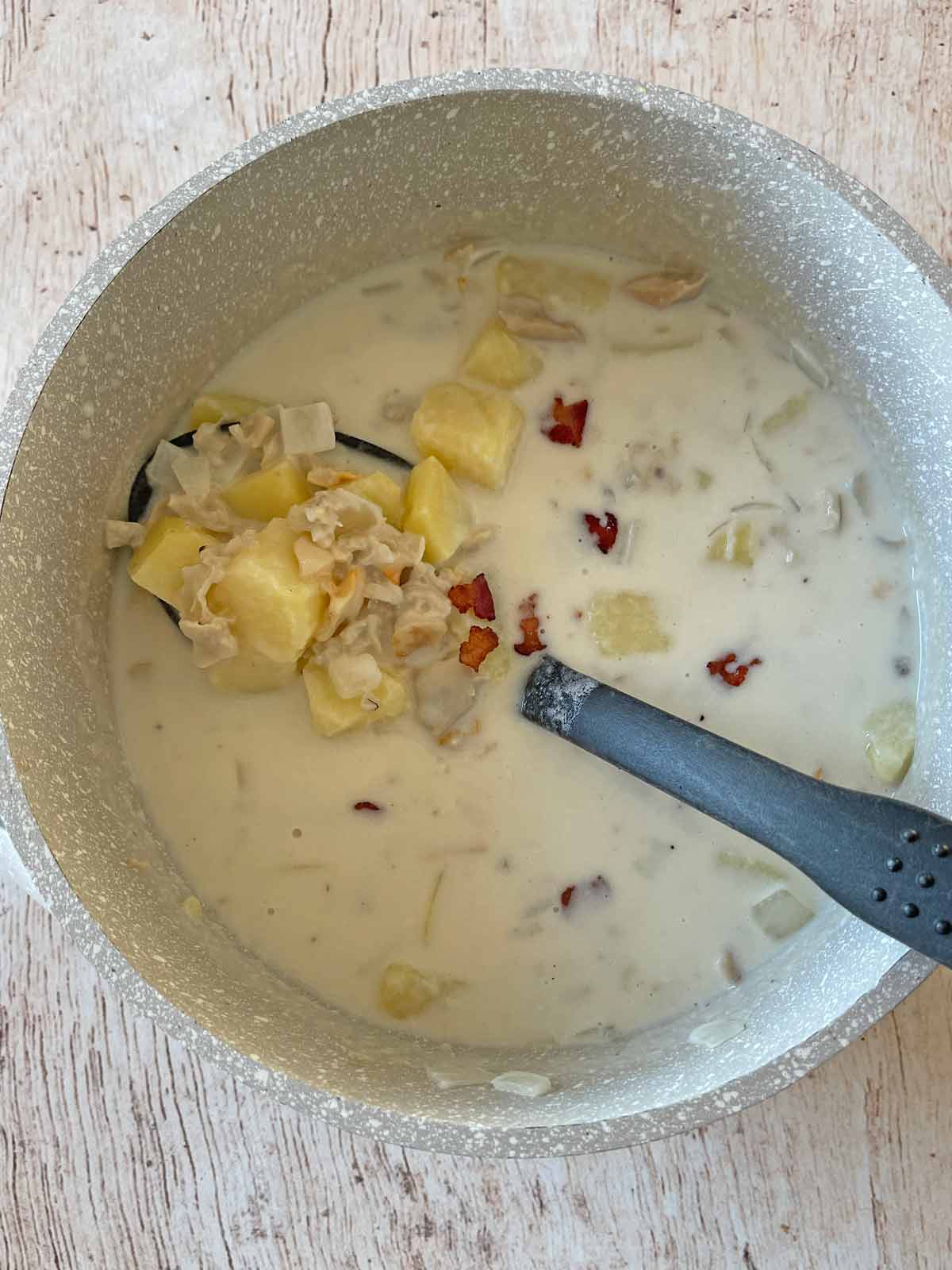 Finished soup in saucepan.