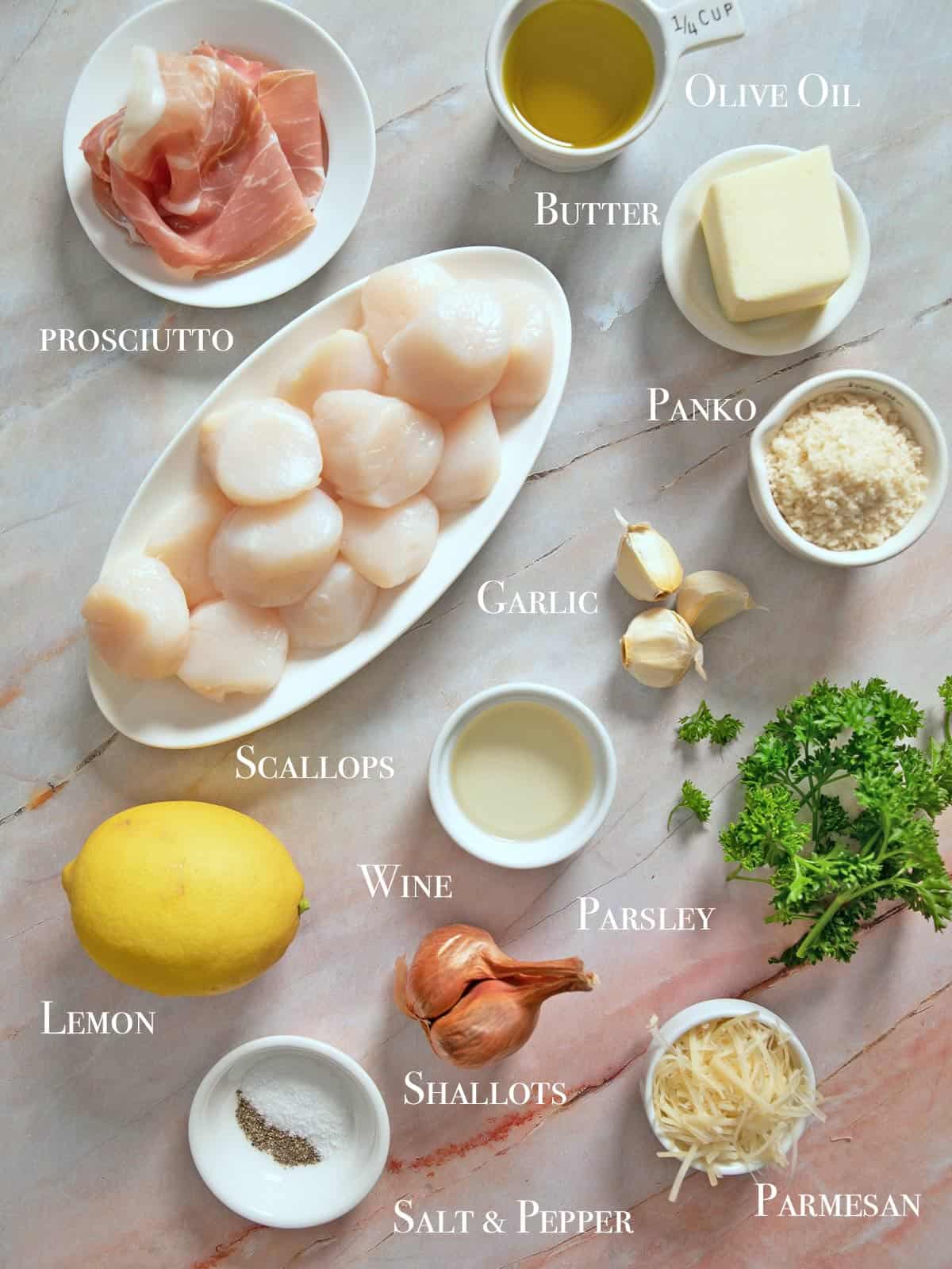 All the ingredients for Ina's Baked Scallops Gratin Recipe With White Wine.