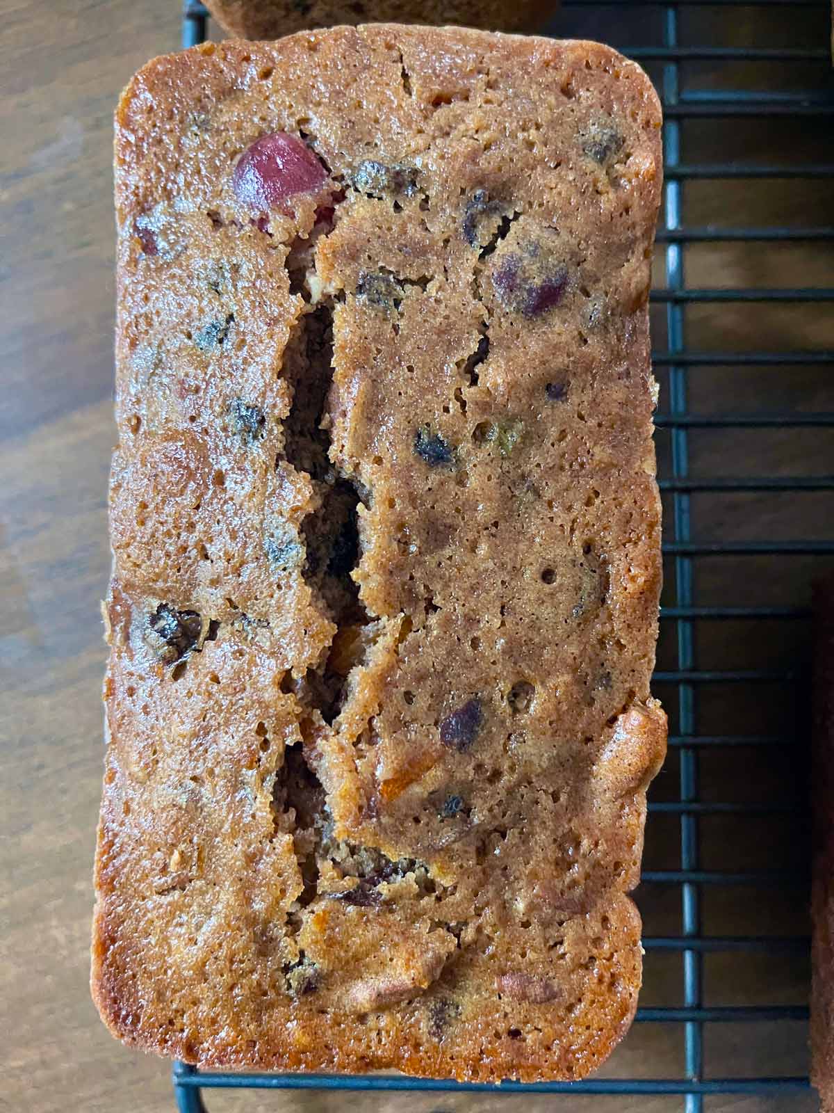 Baked fruitcake with crack across the top.