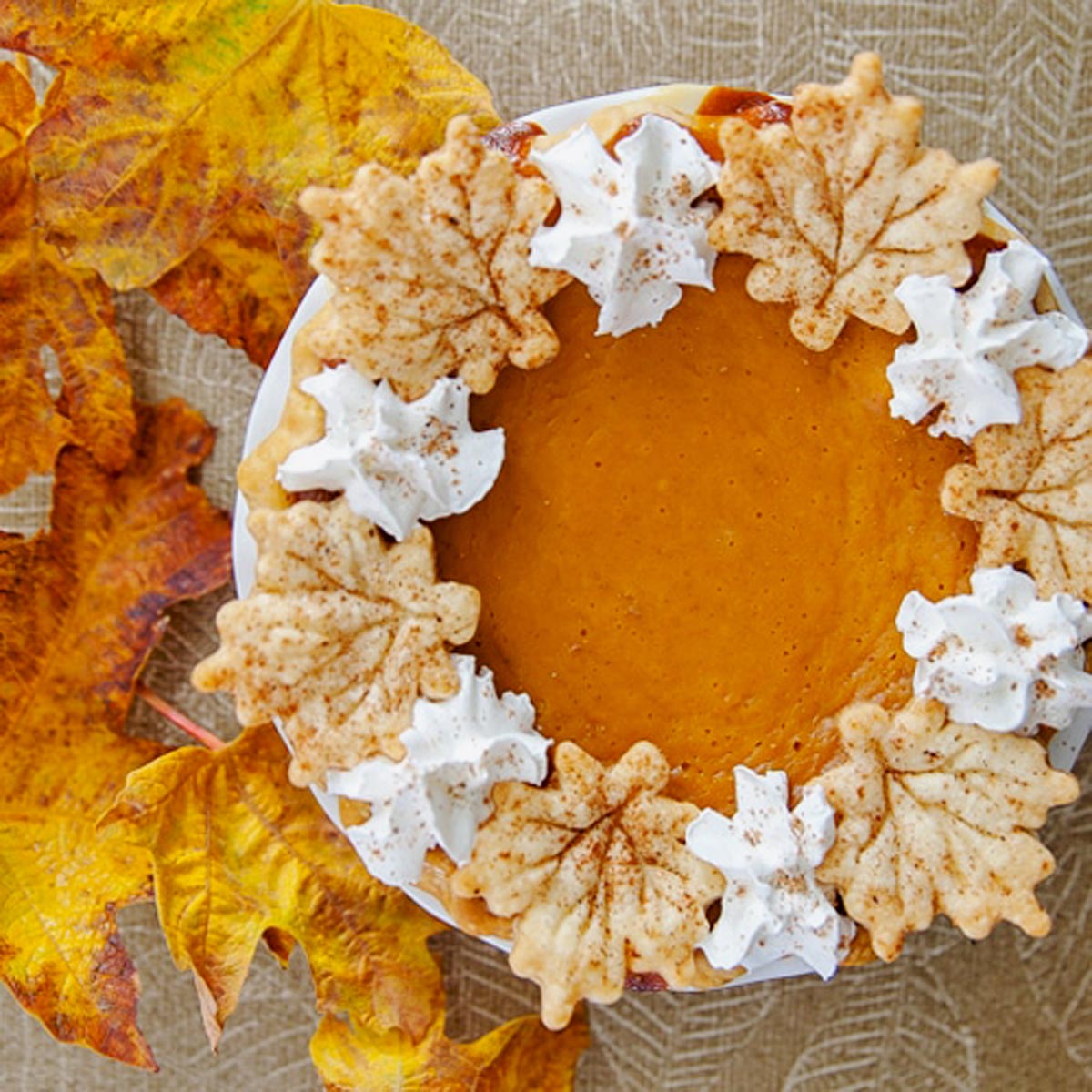 Pie made of butternut squash and apples with leaf-shaped crust decorations.