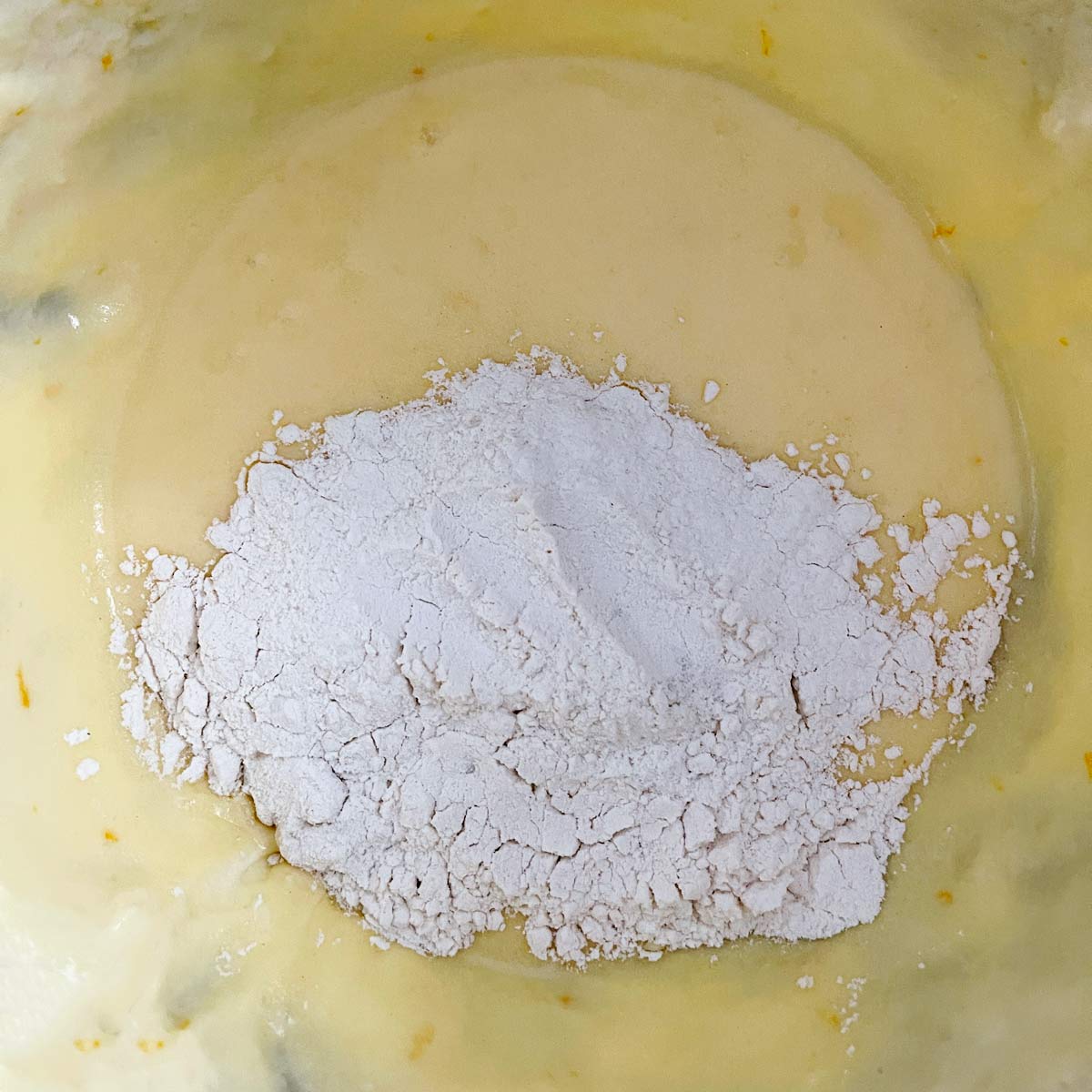 Wet ingredients with the first addition of flour.
