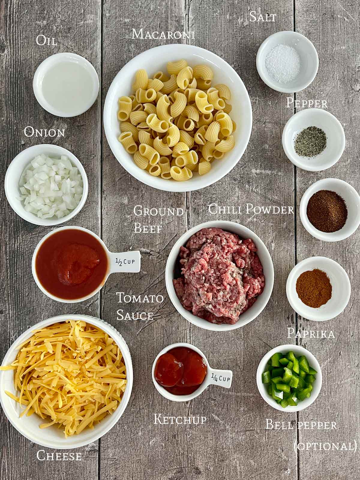 All the ingredients for Cheesy Baked Chili Mac Comfort Food Casserole.