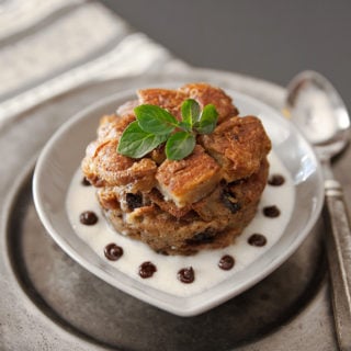 Serving of chocolate croissant bread pudding.