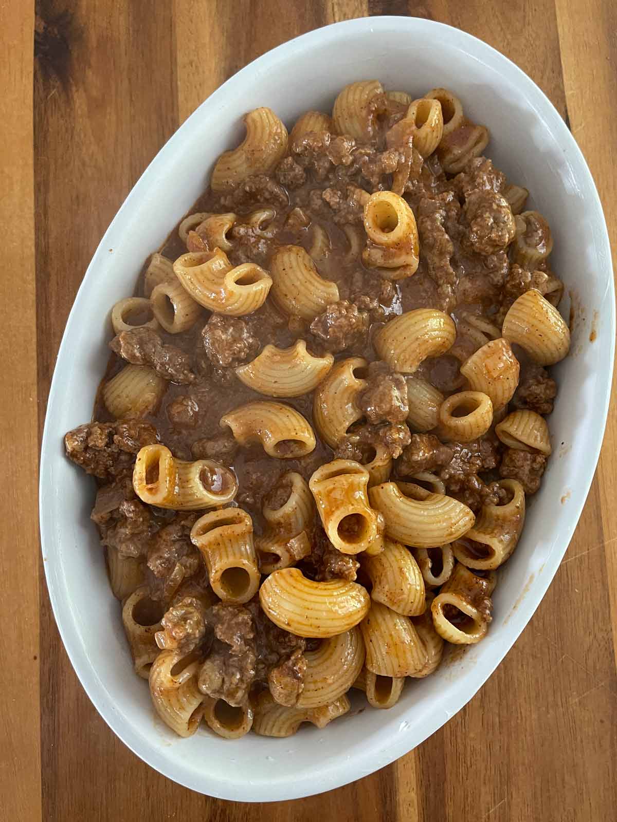 Baking dish with chili mac ready for the oven.