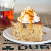 Dublin apple cake with whipped cream and caramel sauce.