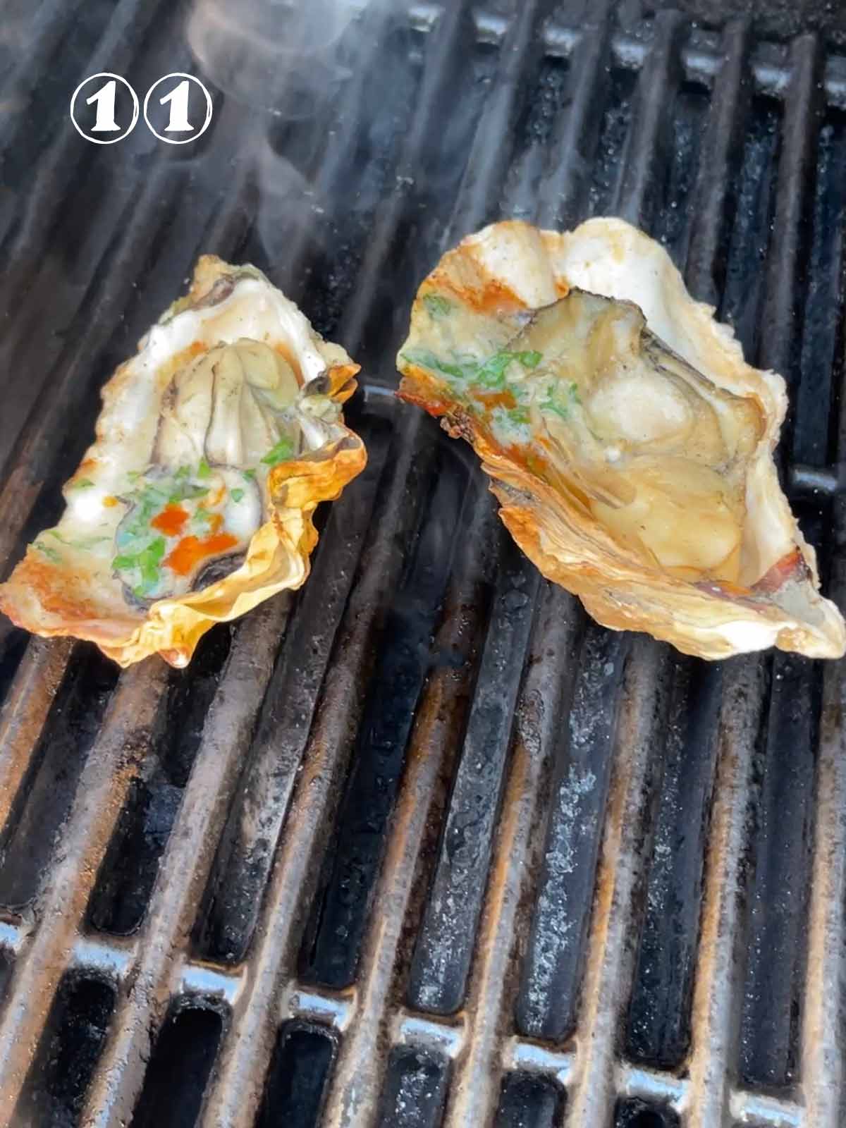 Two oysters are being grilled.