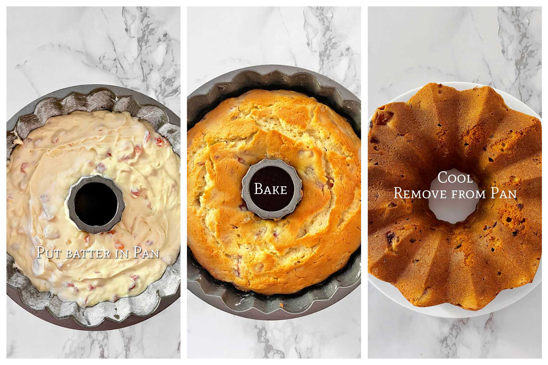 Adding the batter to the pan, then fully baked bundt cake.