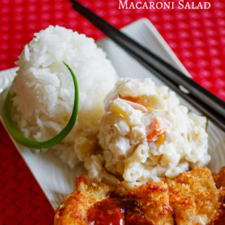 Plate of katsu chicken, rice, and macaroni.