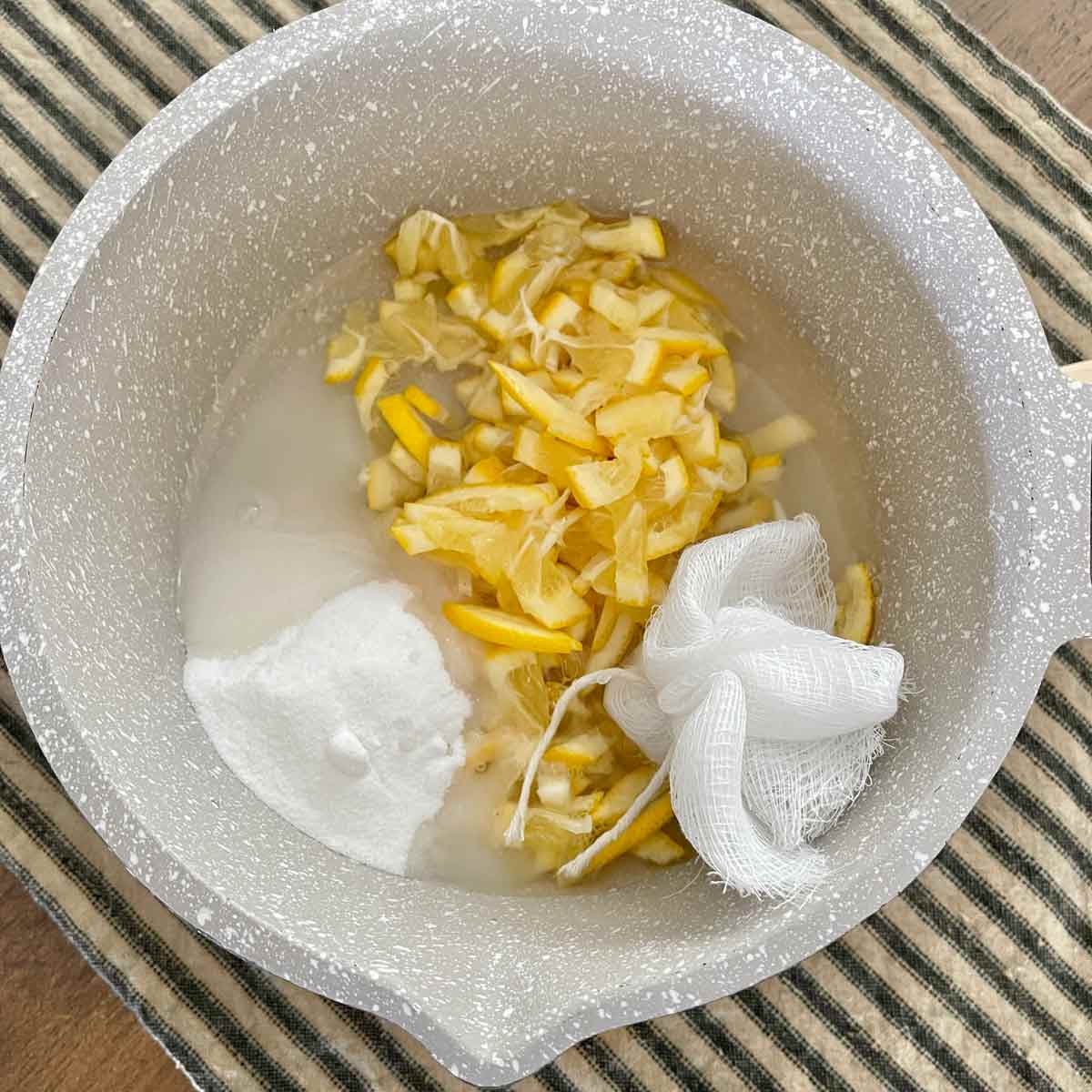 Lemons slices, sugar and sachet of seeds in a small saucepan.
