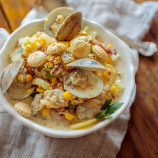 Bowl of summer corn clam chowder.