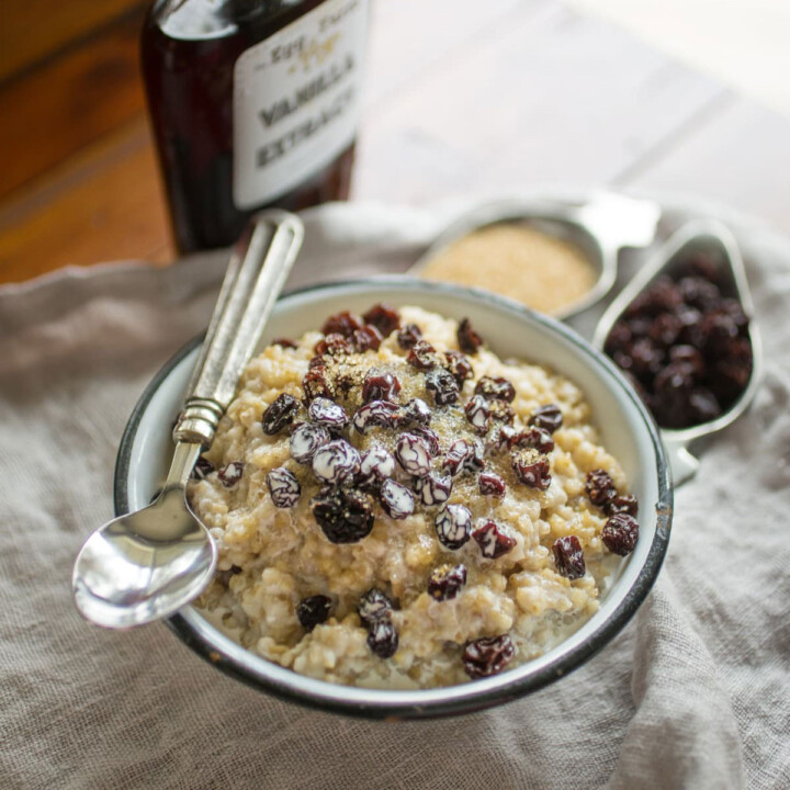 Bowl of oatmeal with a spoon.