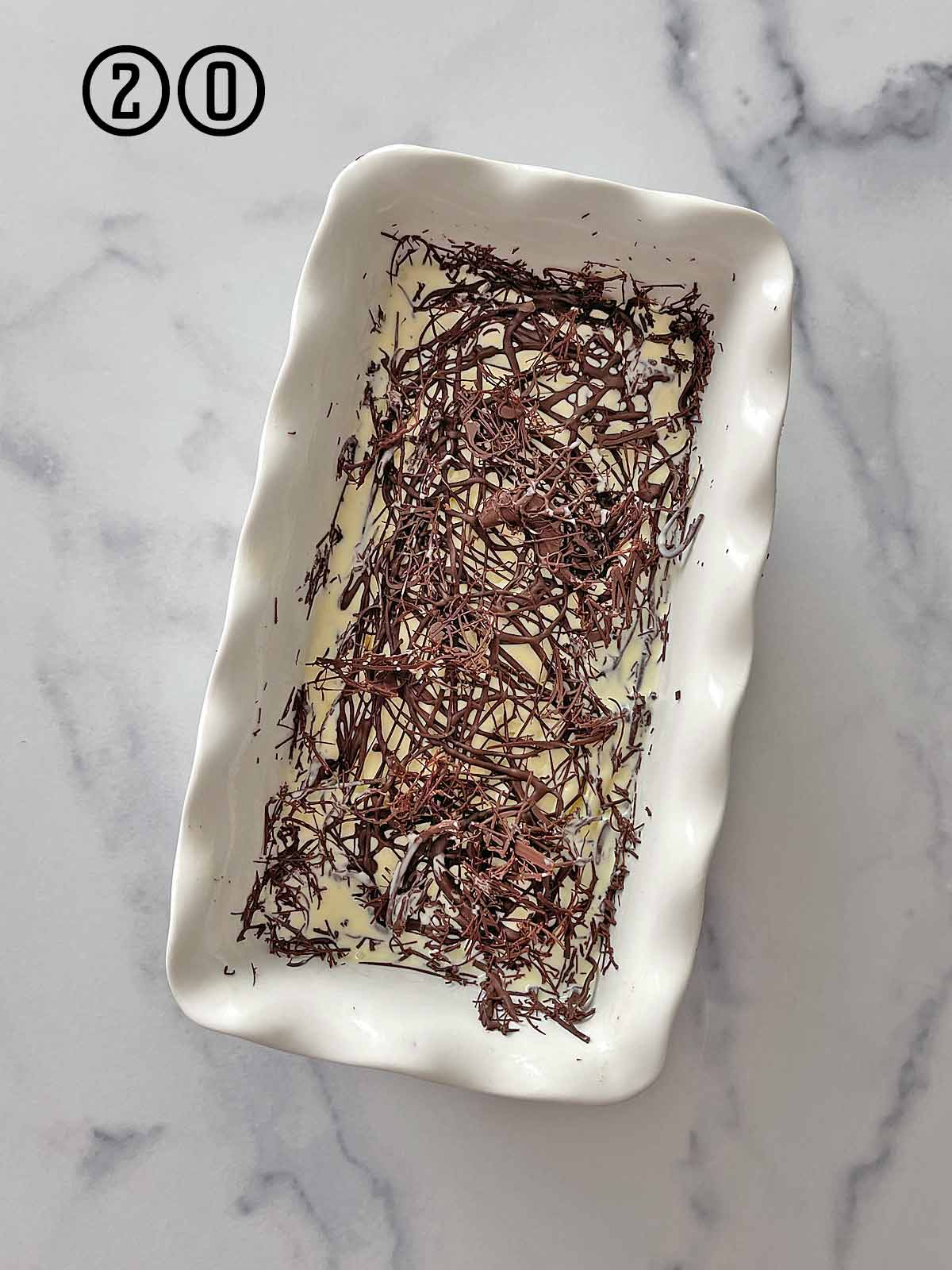 A white dish with chocolate and mint chocolate chip ice cream on top.