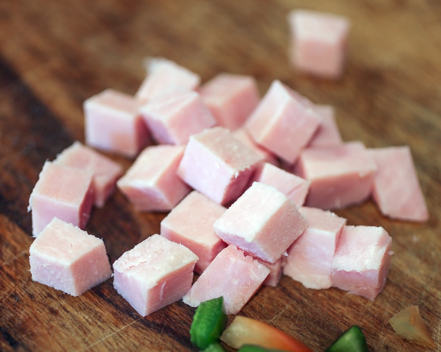 Cubed ham for Diner Style Breakfast Scramble