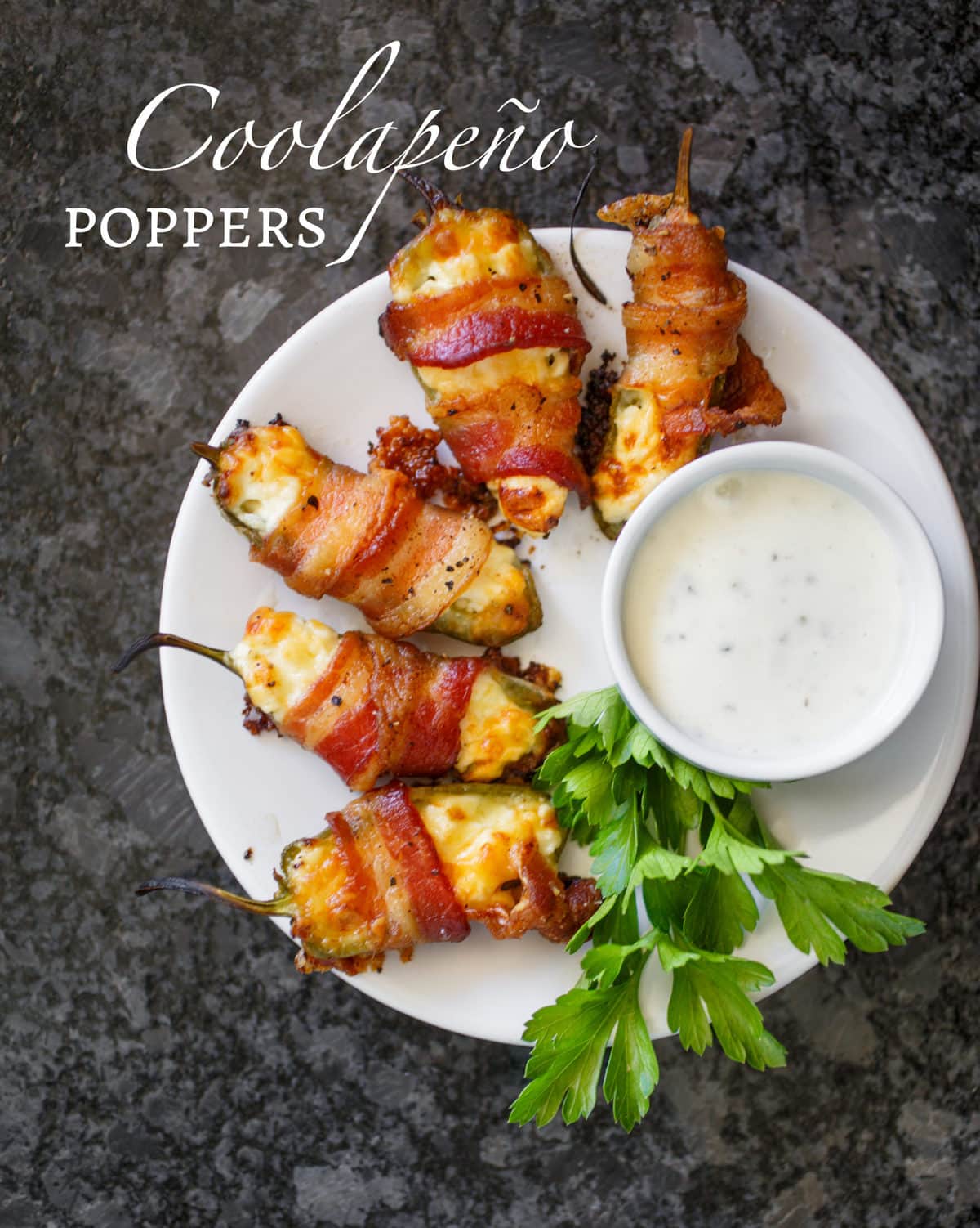 Coolapeno Jalapeño Poppers with bacon and ranch dressing on the side