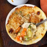 Fully baked chicken pot pie with cauliflower crust.