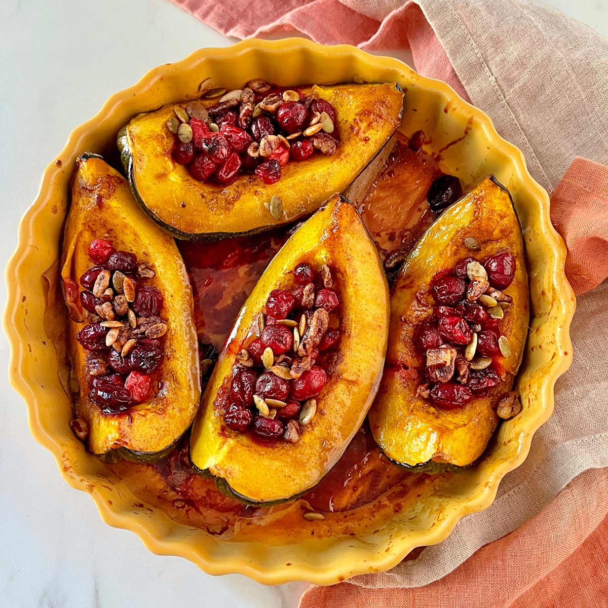 Baked acorn squash fresh out of the oven.