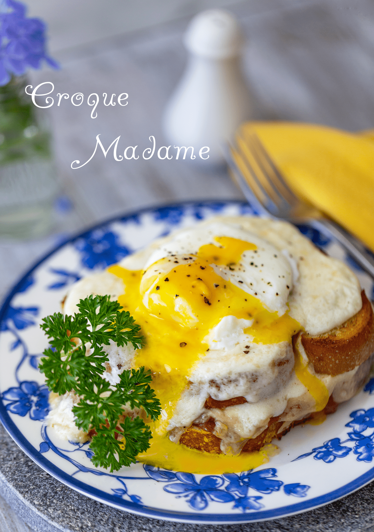 Croque Madame Sandwich on a plate with parsley