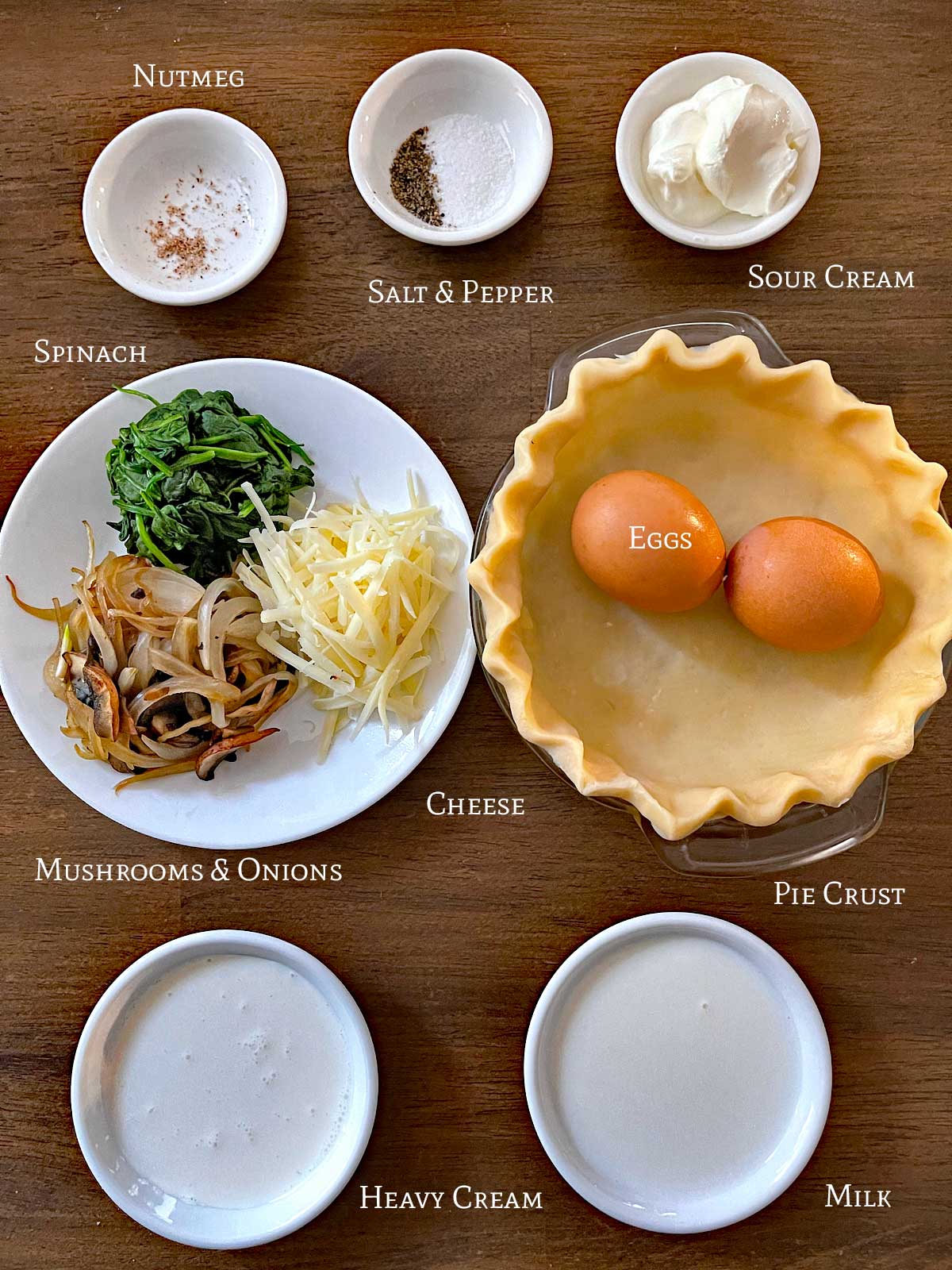 Ingredients for Spinach Mushroom Quiche.