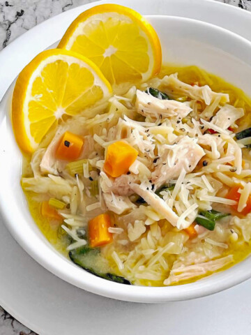 Bowl of lemon chicken soup.