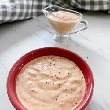 Bowl of sauce for Reuben sandwiches.