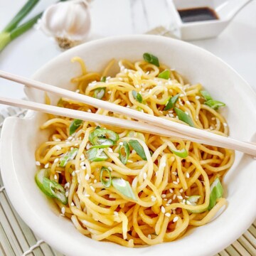 Bowl of Yakisoba noodles with chopsticks.