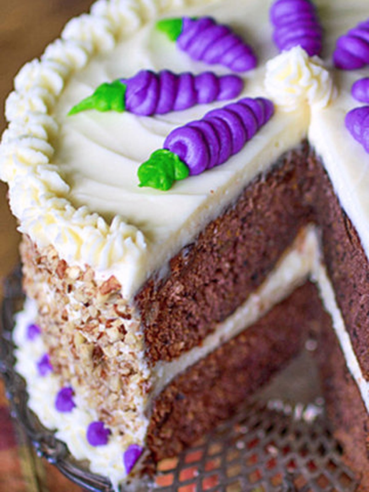 Purple carrot Cake with cream cheese frosting.
