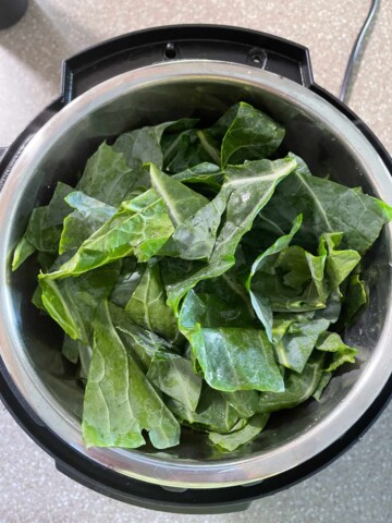 Chopped fresh collard greens placed into the pressure cooker.