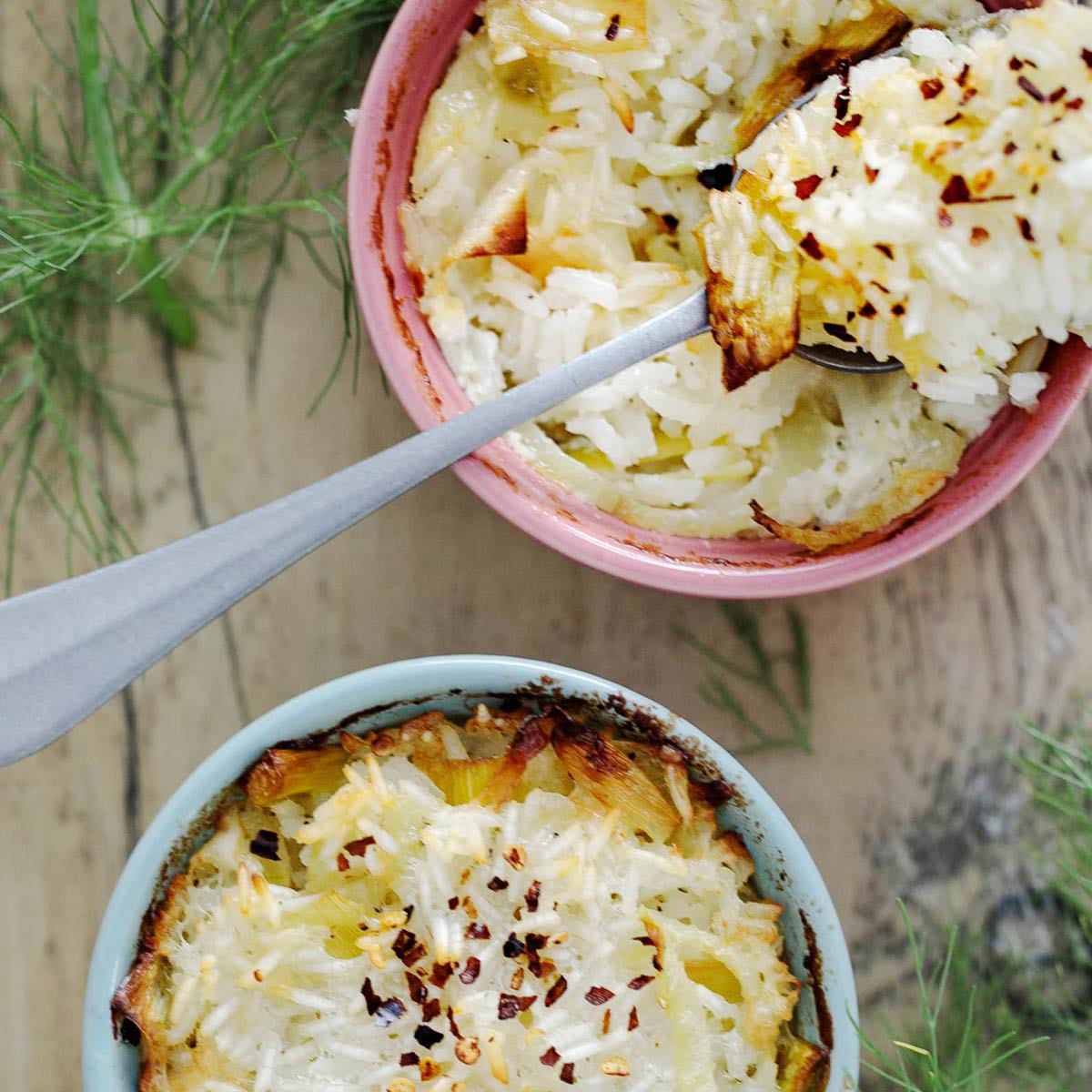 Tow ramekins of Fennel Leek Casserole.