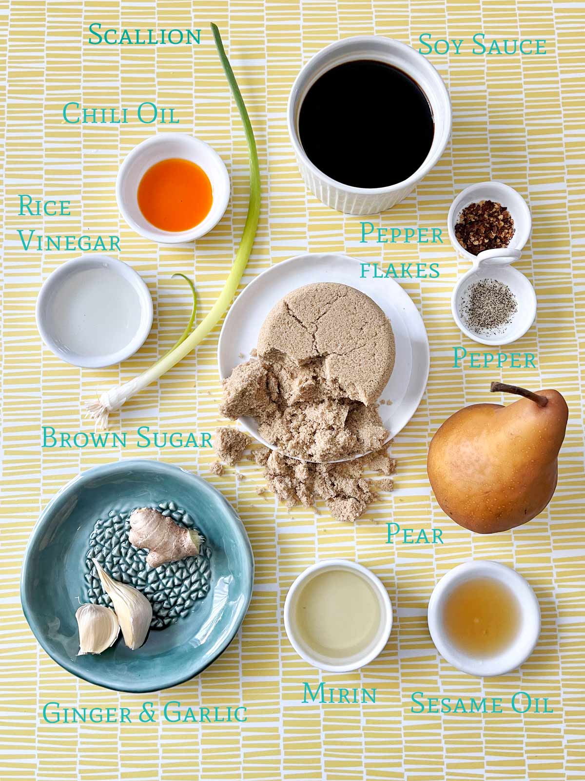 image of all the ingredients for Korean Barbecue Dipping Sauce Recipe.