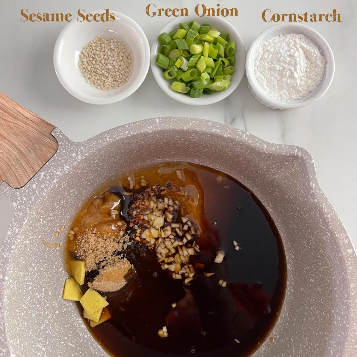 Saucepan with ingredients for Chinese Chicken on a Stick Recipe.