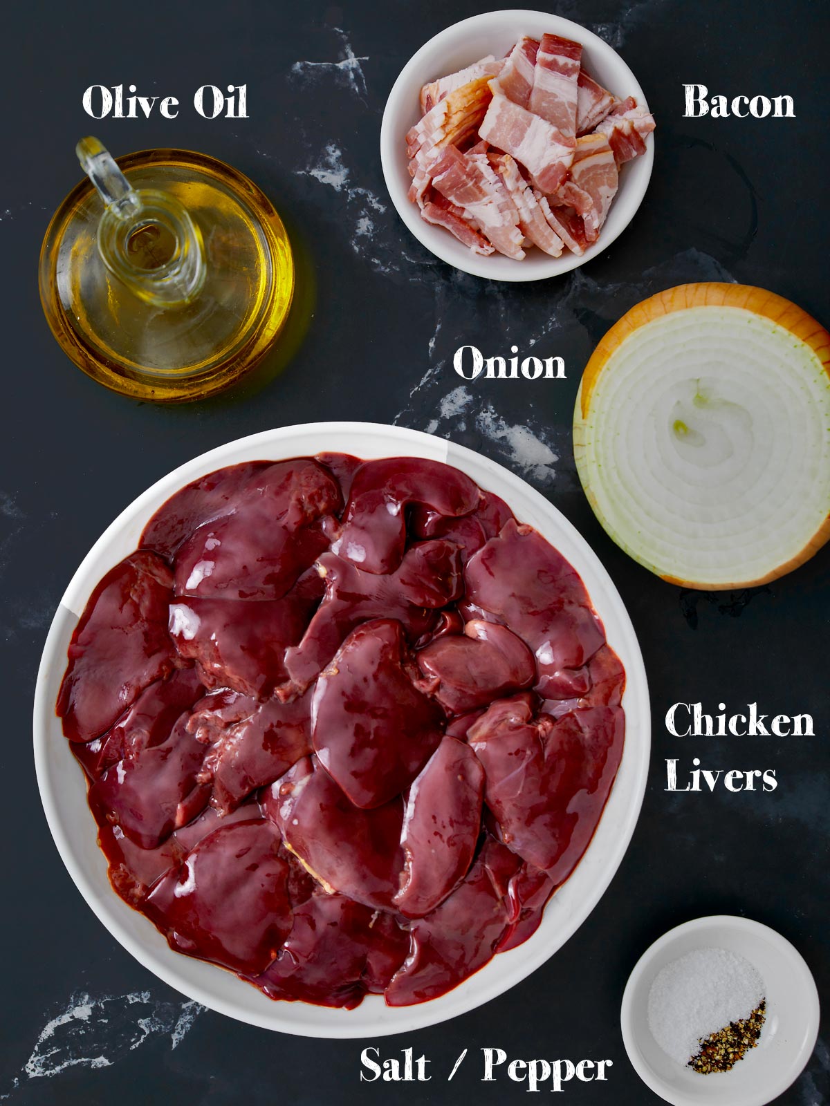 Ingredients for Chicken Liver and Onions with Bacon Recipe.