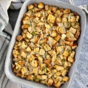 Thanksgiving dressing in a baking dish.