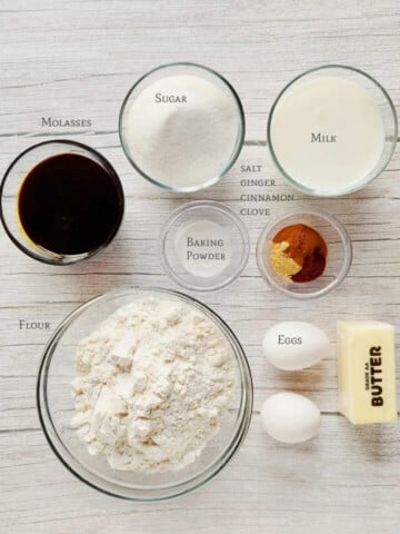 Top-down view of baking ingredients for gingerbread cupcakes with eggnog frosting: molasses, sugar, milk, baking powder, salt, ginger, cinnamon, clove, flour, two eggs, and a stick of butter on a white surface.