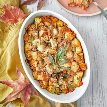 Oval baking dish with dressing.