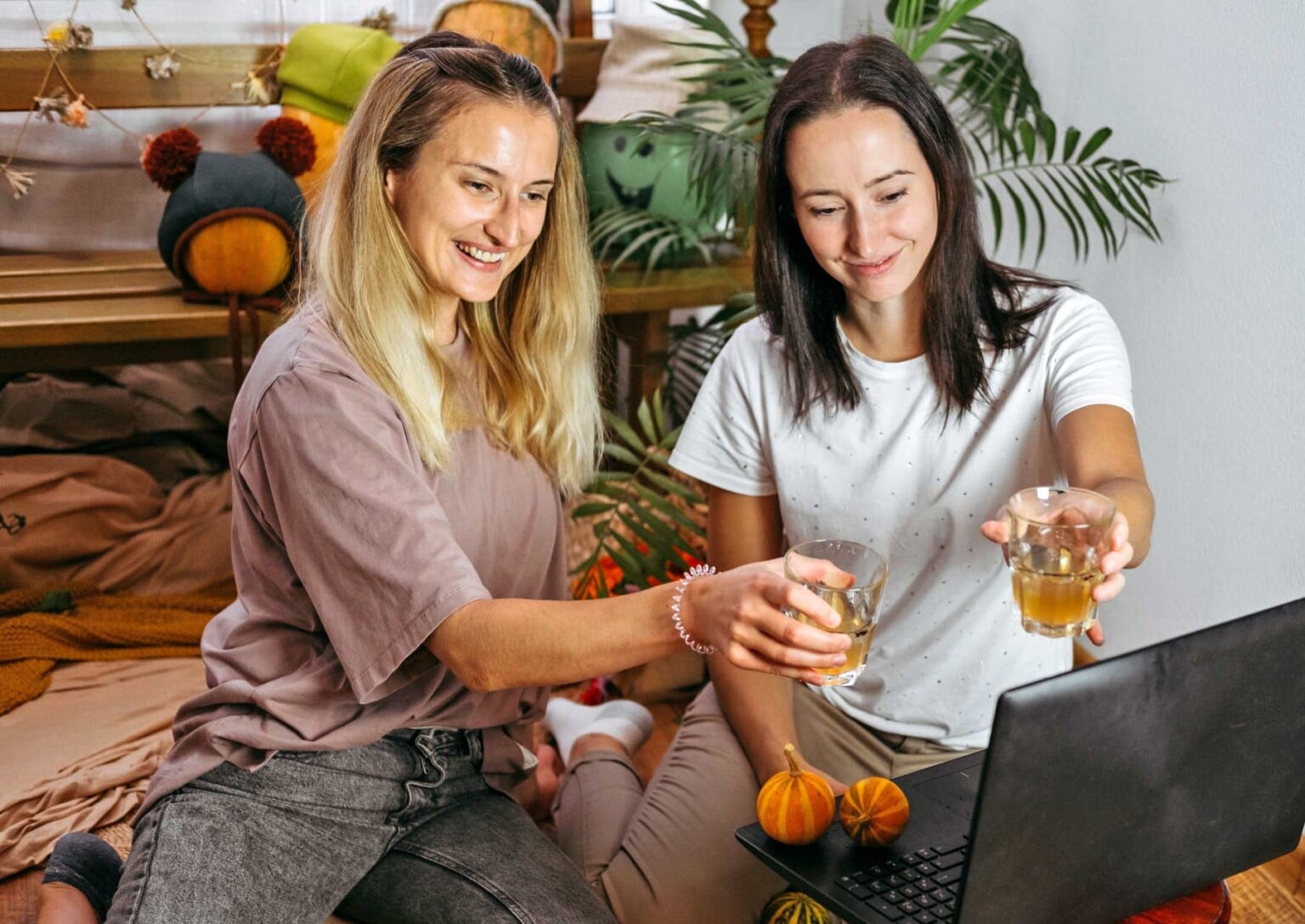 Young girls share their Thanksgiving with loved ones over the internet.