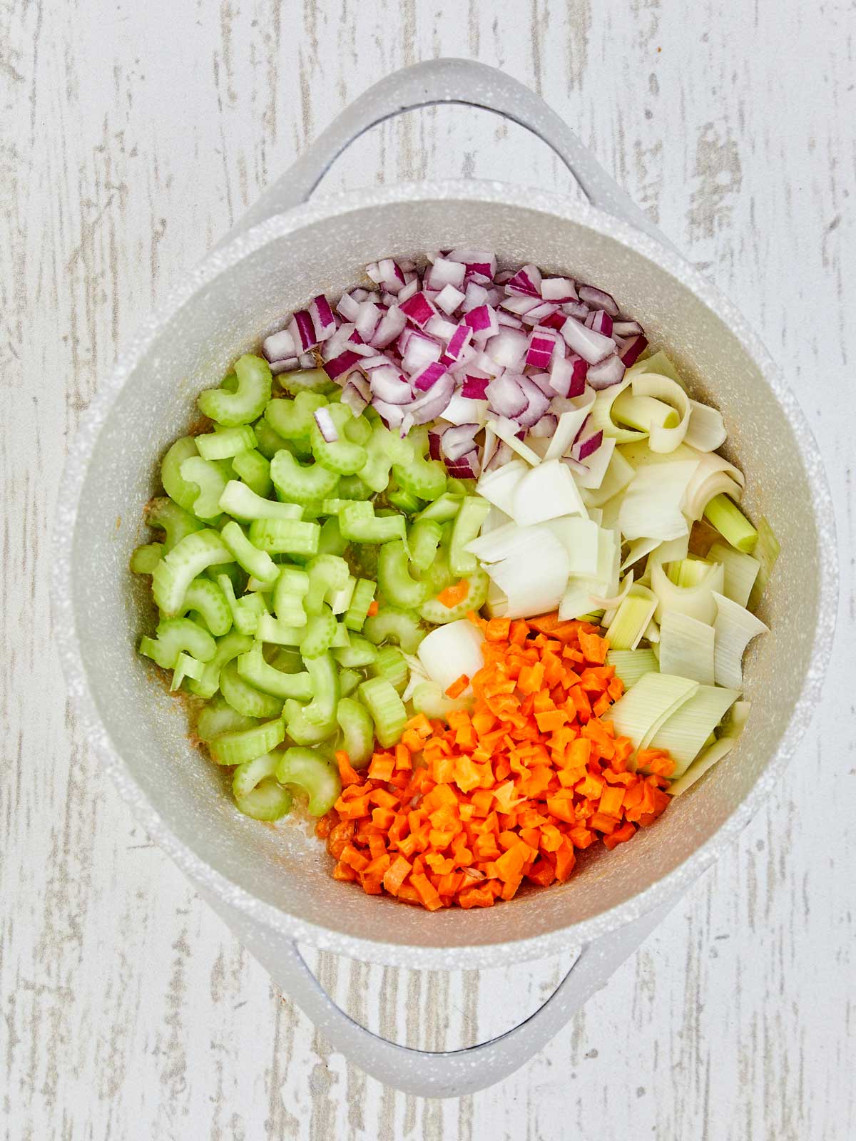 Melted butter and vegetables in a large pot.