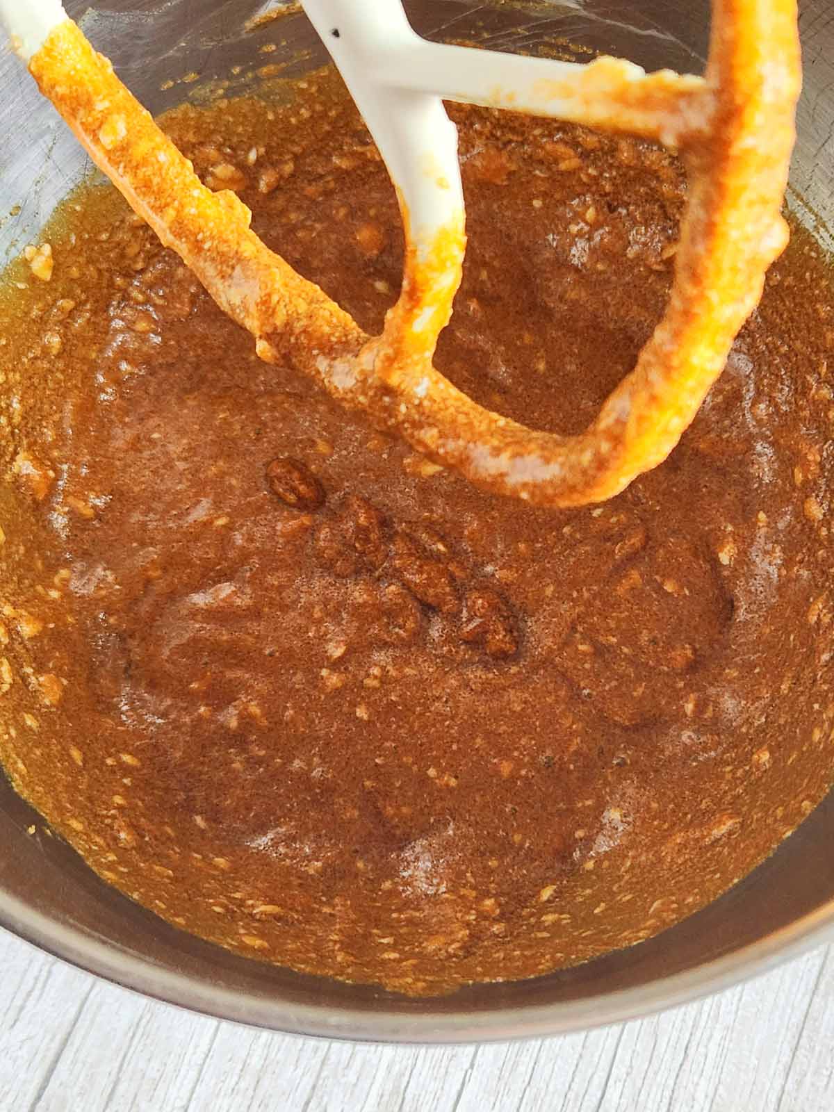 Wet ingredients in the mixing bowl.