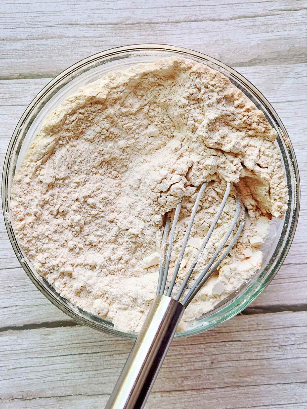 Dry ingredients being whisked in a small bowl.