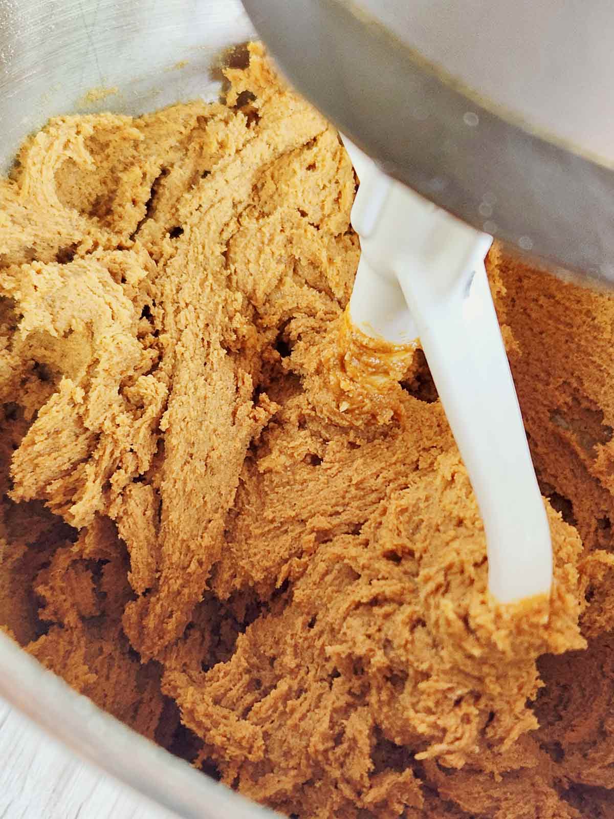 Coarse, thick batter in the mixing bowl.