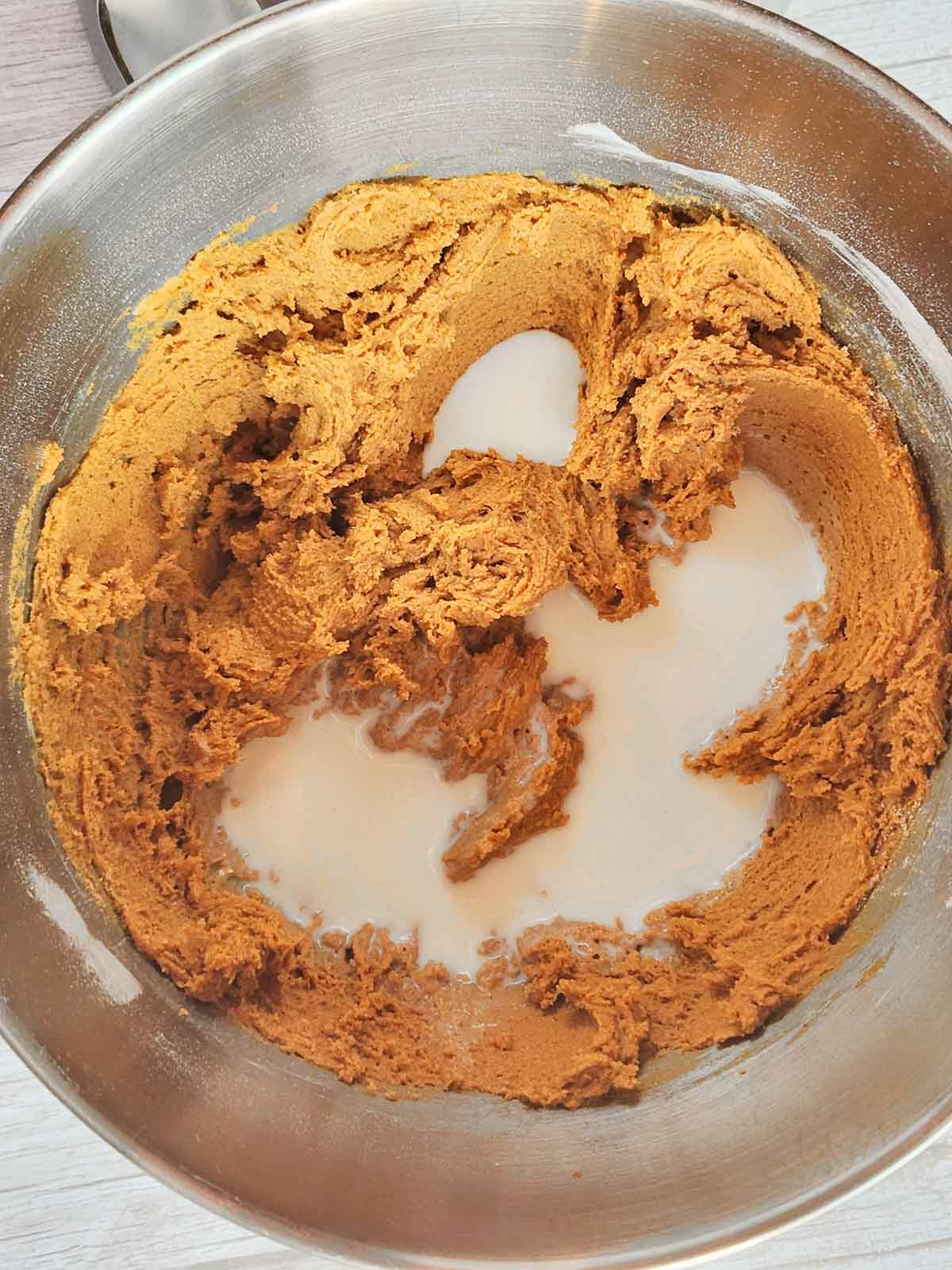 Milk is added to the batter.