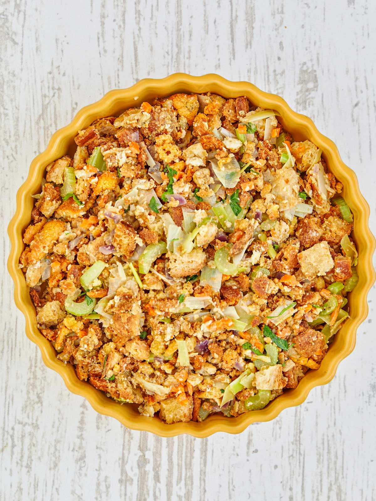 Round baking dish with the moistened dressing mix in it.