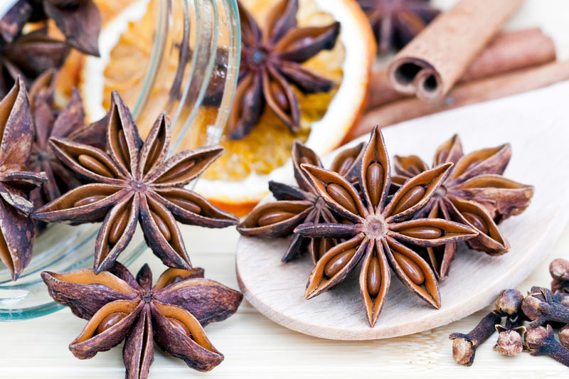 Star anise, cinnamon, and dried orange slices.