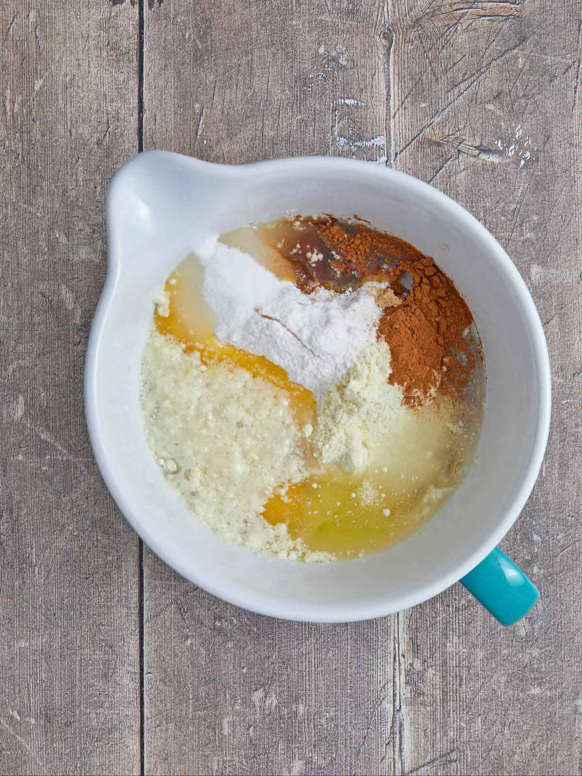 Mixing bowl with all the cake ingredients.