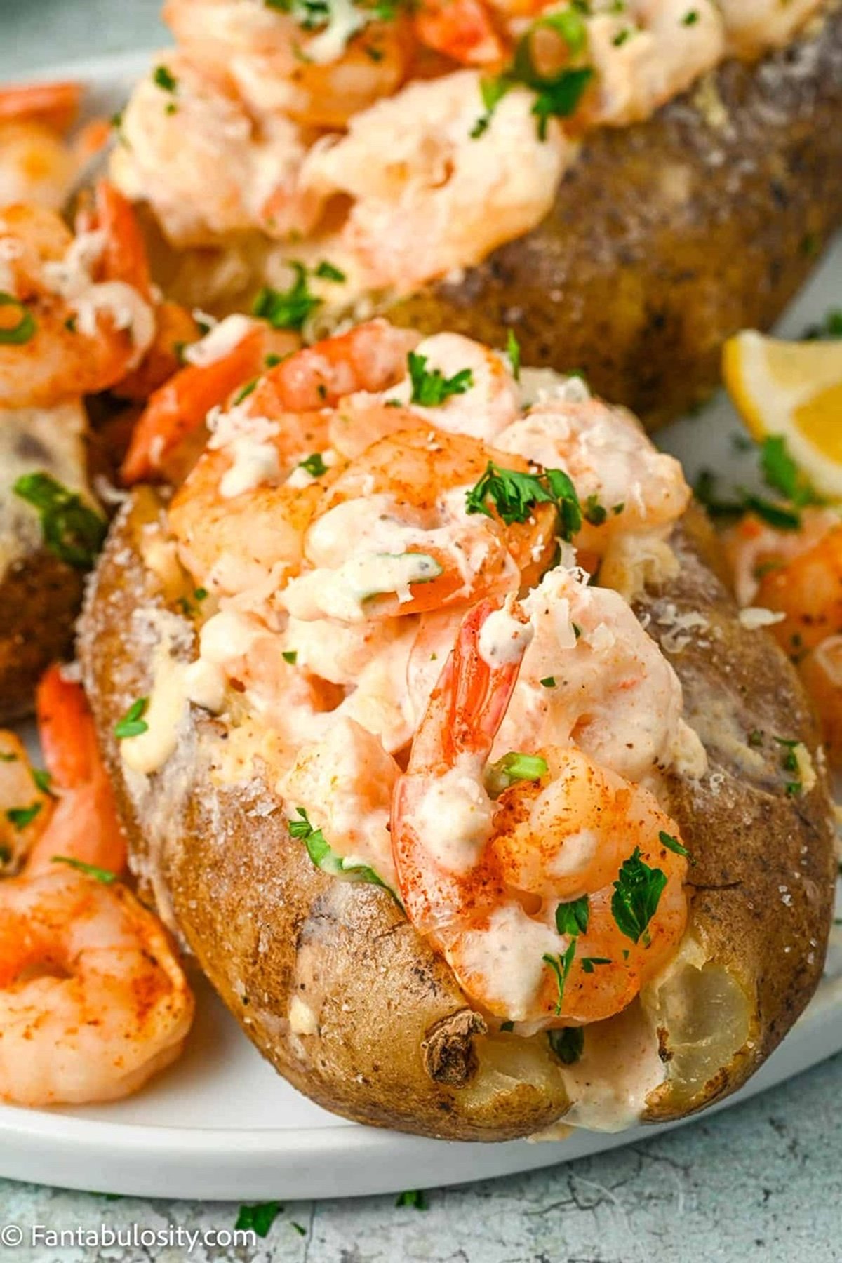 Baked potatoes with shrimp stuffing.